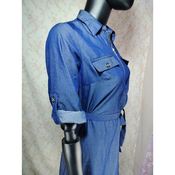 Mlle Gabrielle Lightweight Denim Look Dress Zip Front Tie Waist, Size S - Picture 5 of 16